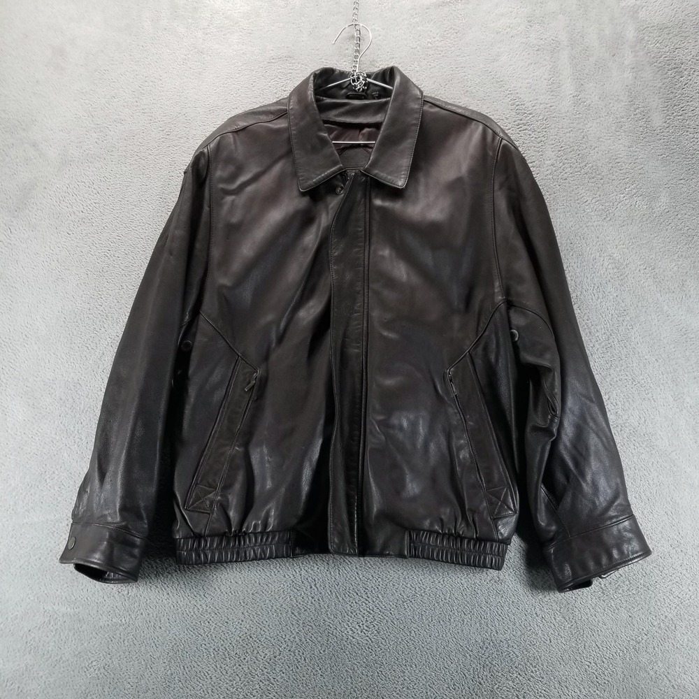 Roundtree Yorke Jacket Mens Large Brown Leather Bomber Elastic Hem Zip Pockets